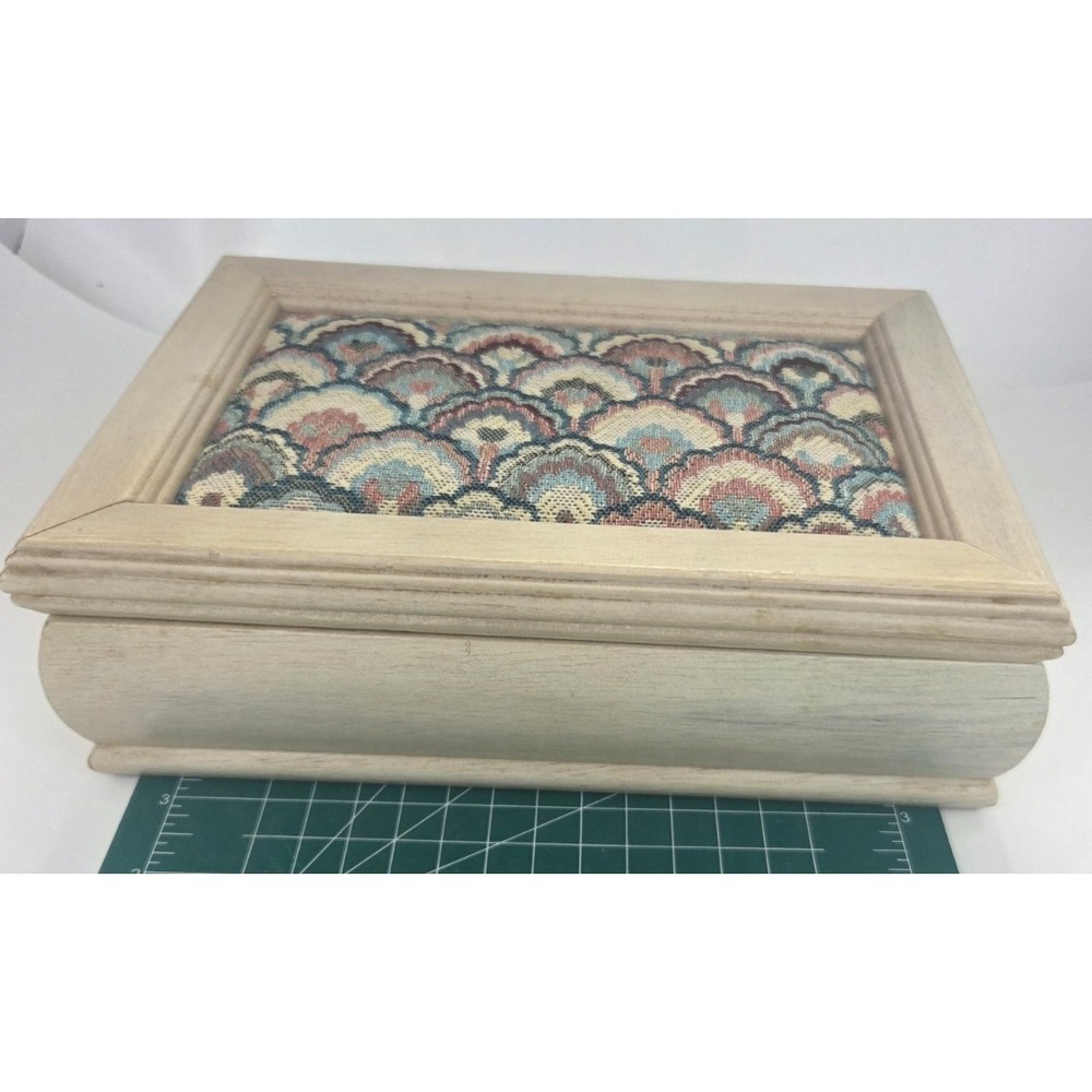 Vintage Wooden Jewelry Box Bargello Flame Stitch Tapestry w Mirror & Rose Lining